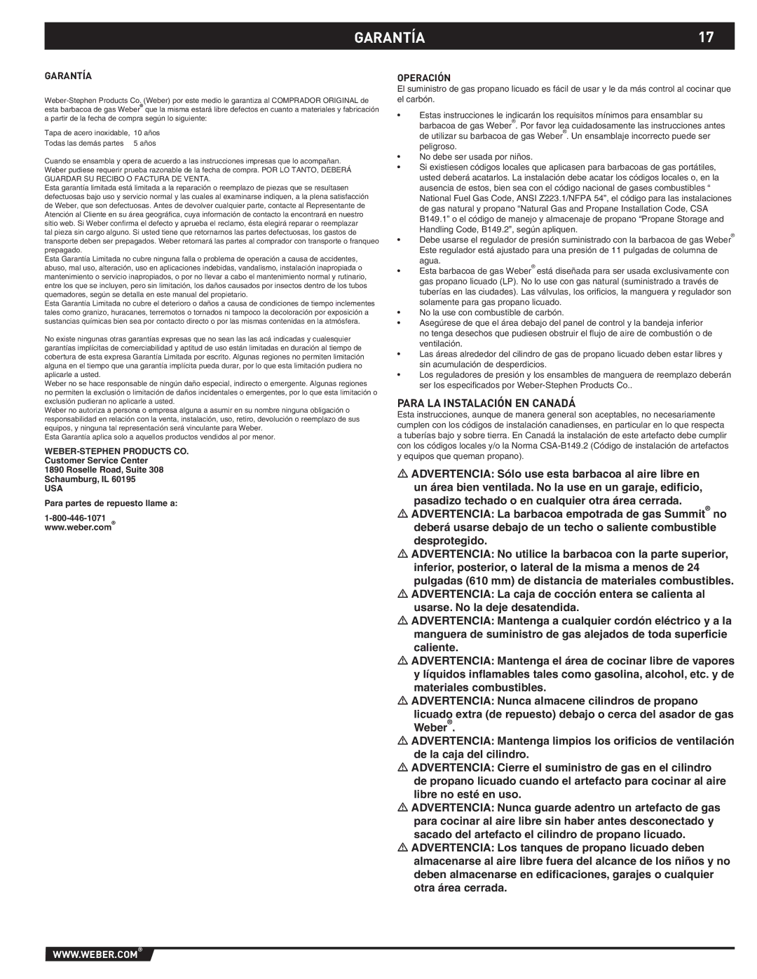 Weber 89796 manual GARANTÍA17, Para LA Instalación EN Canadá, Garantía, Operación, Para partes de repuesto llame a 
