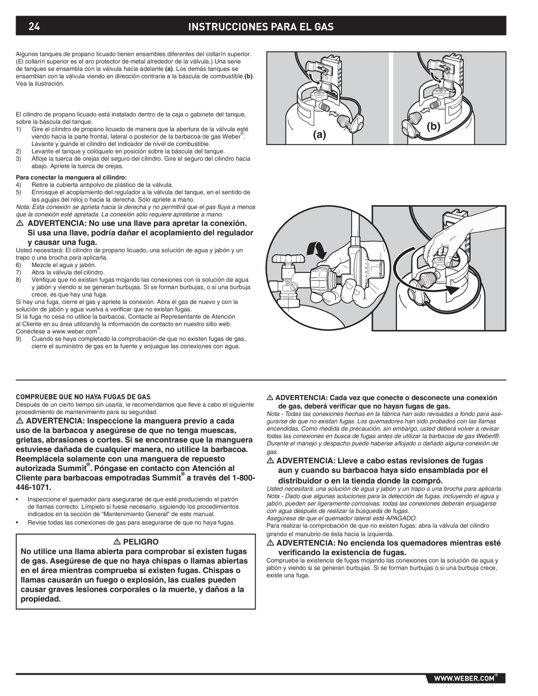 Weber 89796 manual Compruebe QUE no Haya Fugas DE GAS, Para conectar la manguera al cilindro 