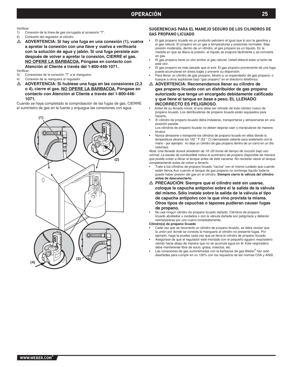 Weber 89796 manual OPERACIÓN25, Cilindros de propano licuado 
