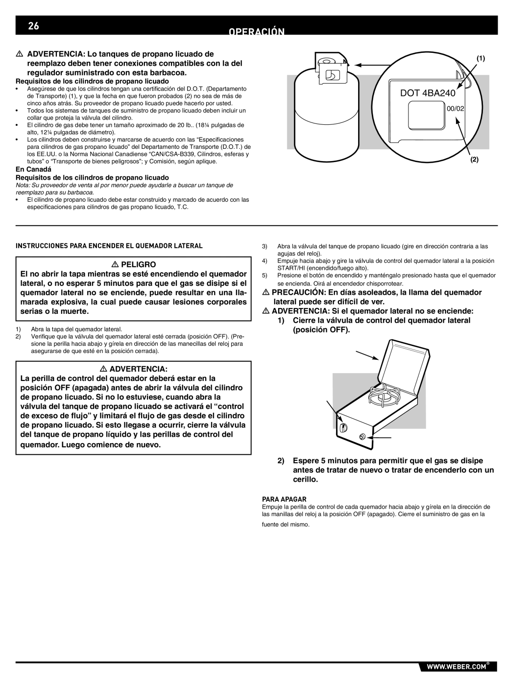 Weber 89796 manual Operación, Instrucciones Para Encender EL Quemador Lateral, Para Apagar 