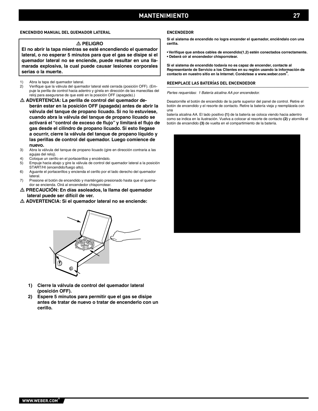 Weber 89796 manual MANTENIMIENTO27, Encendido Manual DEL Quemador Lateral, Reemplace LAS Baterías DEL Encendedor 