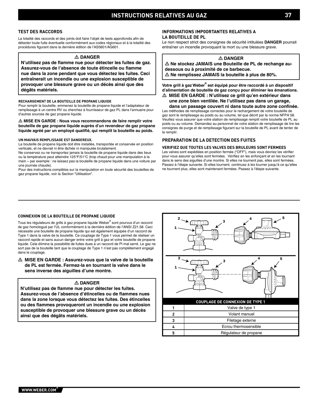 Weber 89796 manual Test DES Raccords, Informations IMP0ORTANTES Relatives a LA Bouteille DE PL 