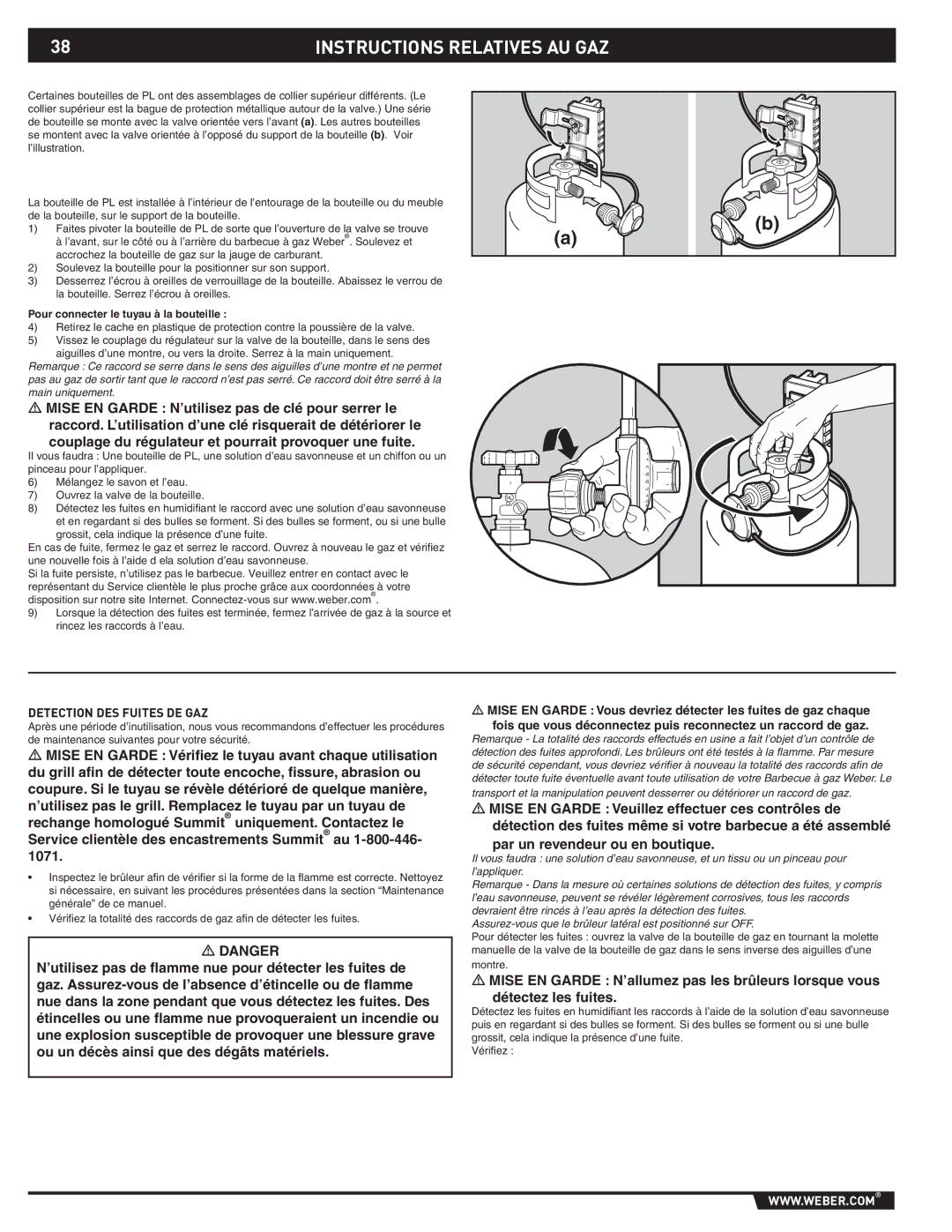 Weber 89796 manual Detection DES Fuites DE GAZ, Pour connecter le tuyau à la bouteille 