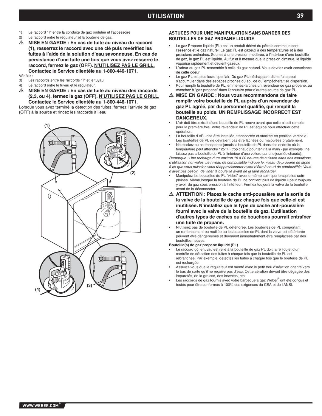 Weber 89796 manual UTILISATION39, Bouteilles de gaz propane liquide PL 