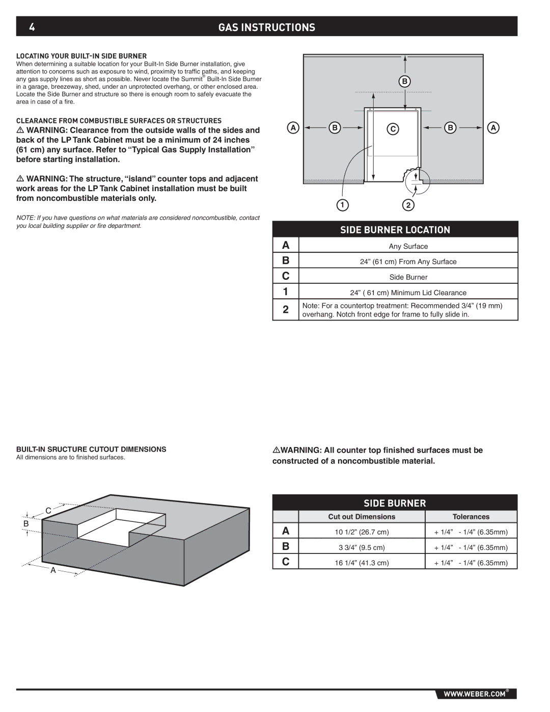 Weber 89796 manual GAS Instructions, Locating Your BUILT-IN Side Burner, Clearance from Combustible Surfaces or Structures 