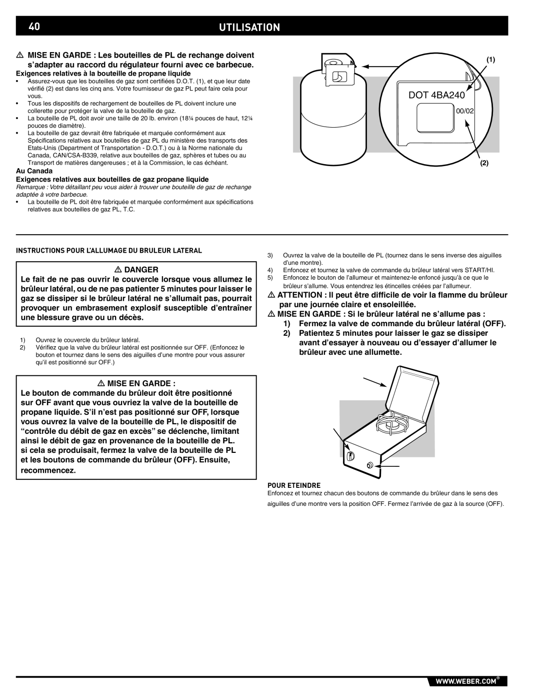 Weber 89796 manual 40UTILISATION, Instructions Pour L’ALLUMAGE DU Bruleur Lateral, Pour Eteindre 