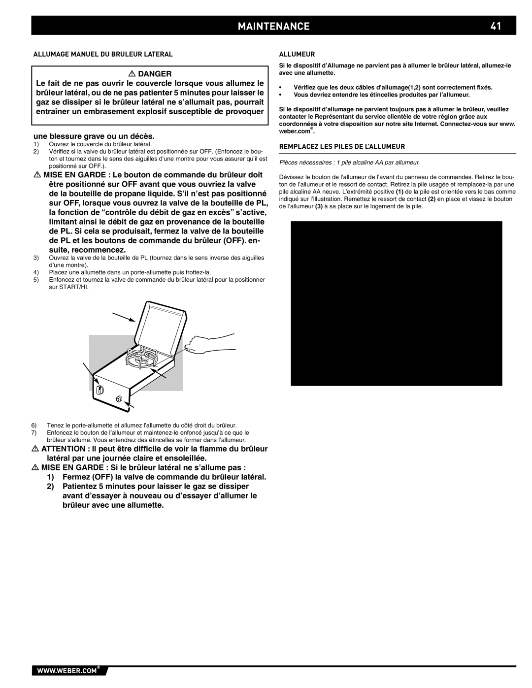 Weber 89796 manual MAINTENANCE41, Allumage Manuel DU Bruleur Lateral, Allumeur, Remplacez LES Piles DE L’ALLUMEUR 