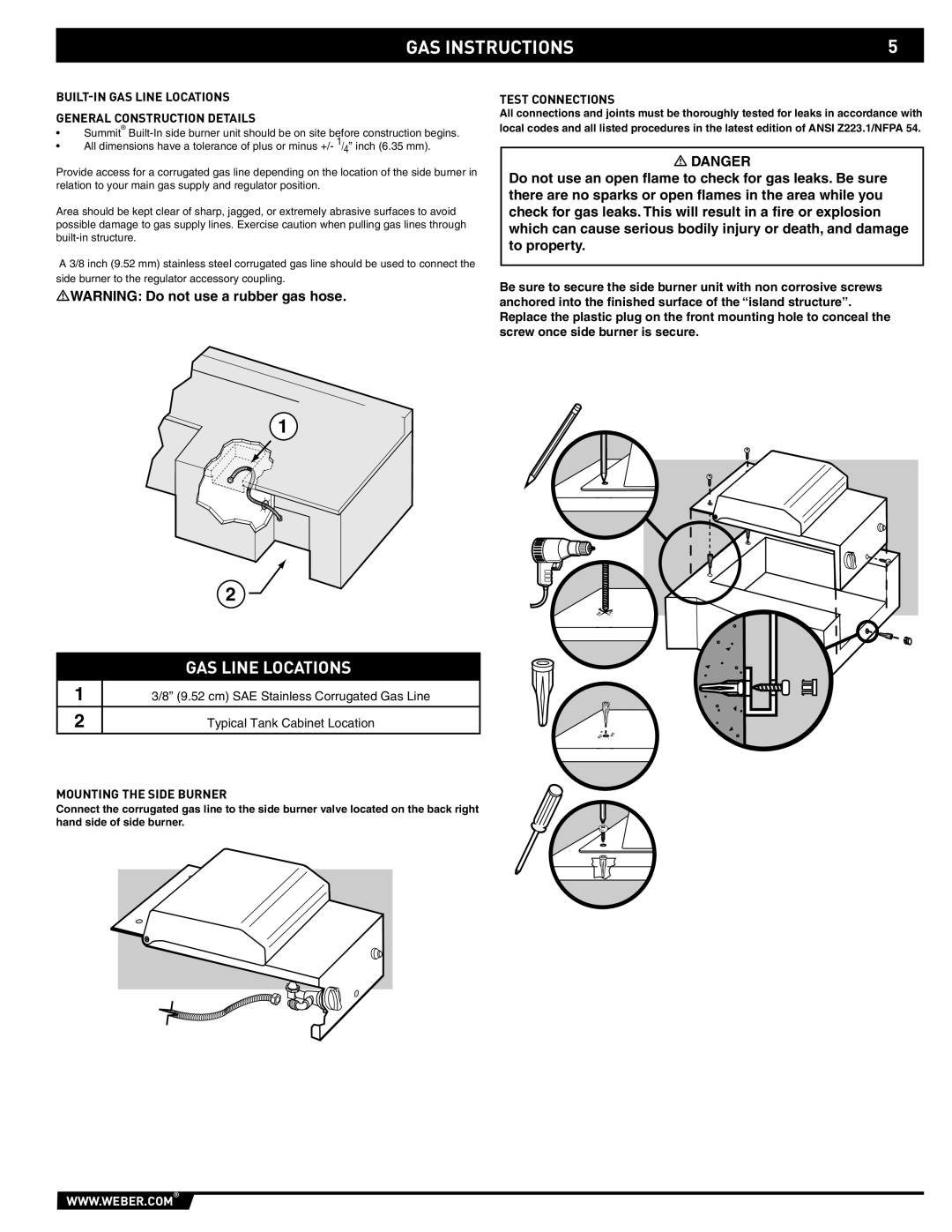 Weber 89796 manual BUILT-IN GAS Line Locations General Construction Details, Test Connections, Mounting the Side Burner 