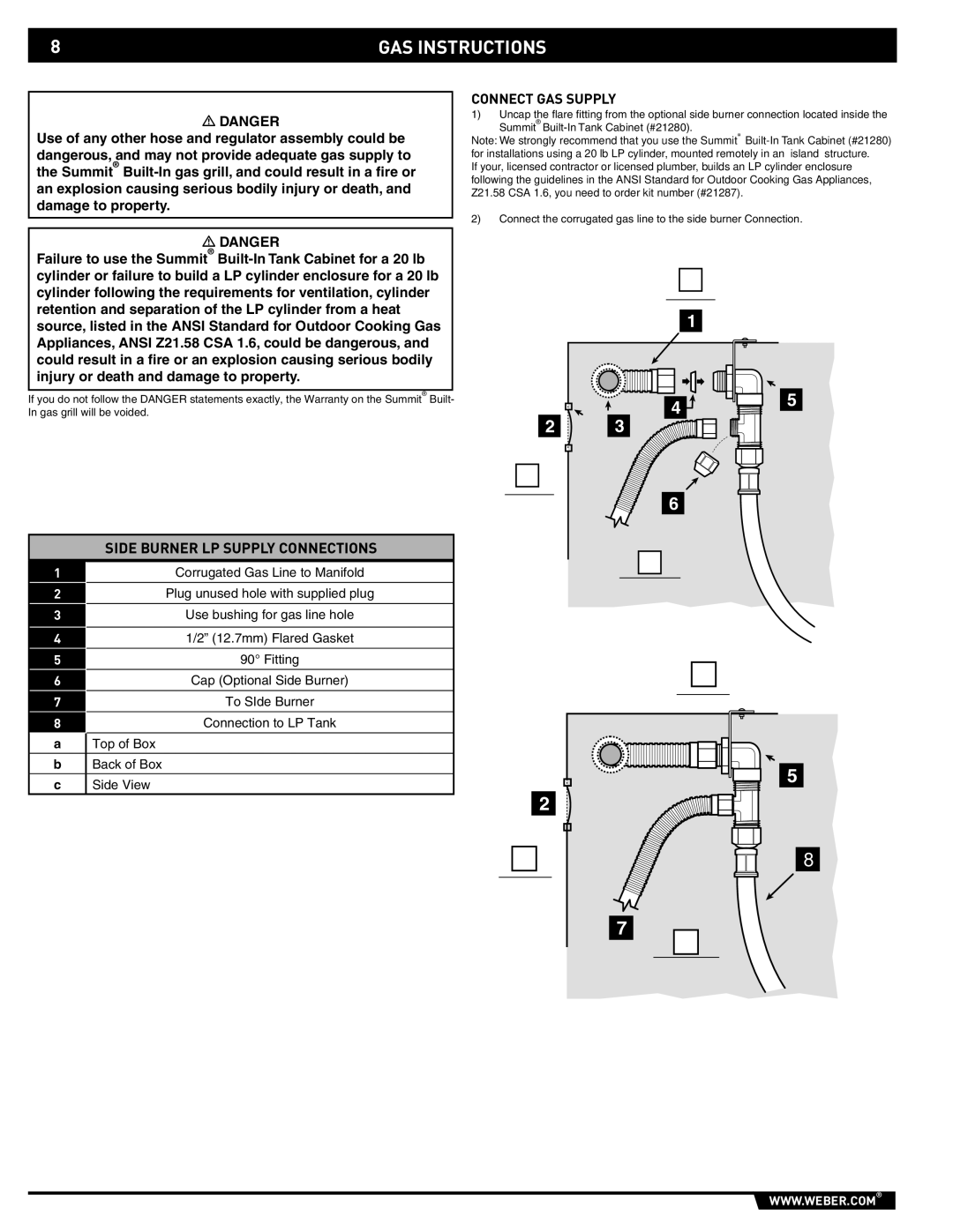 Weber 89796 manual Side Burner LP Supply Connections, Connect GAS Supply 