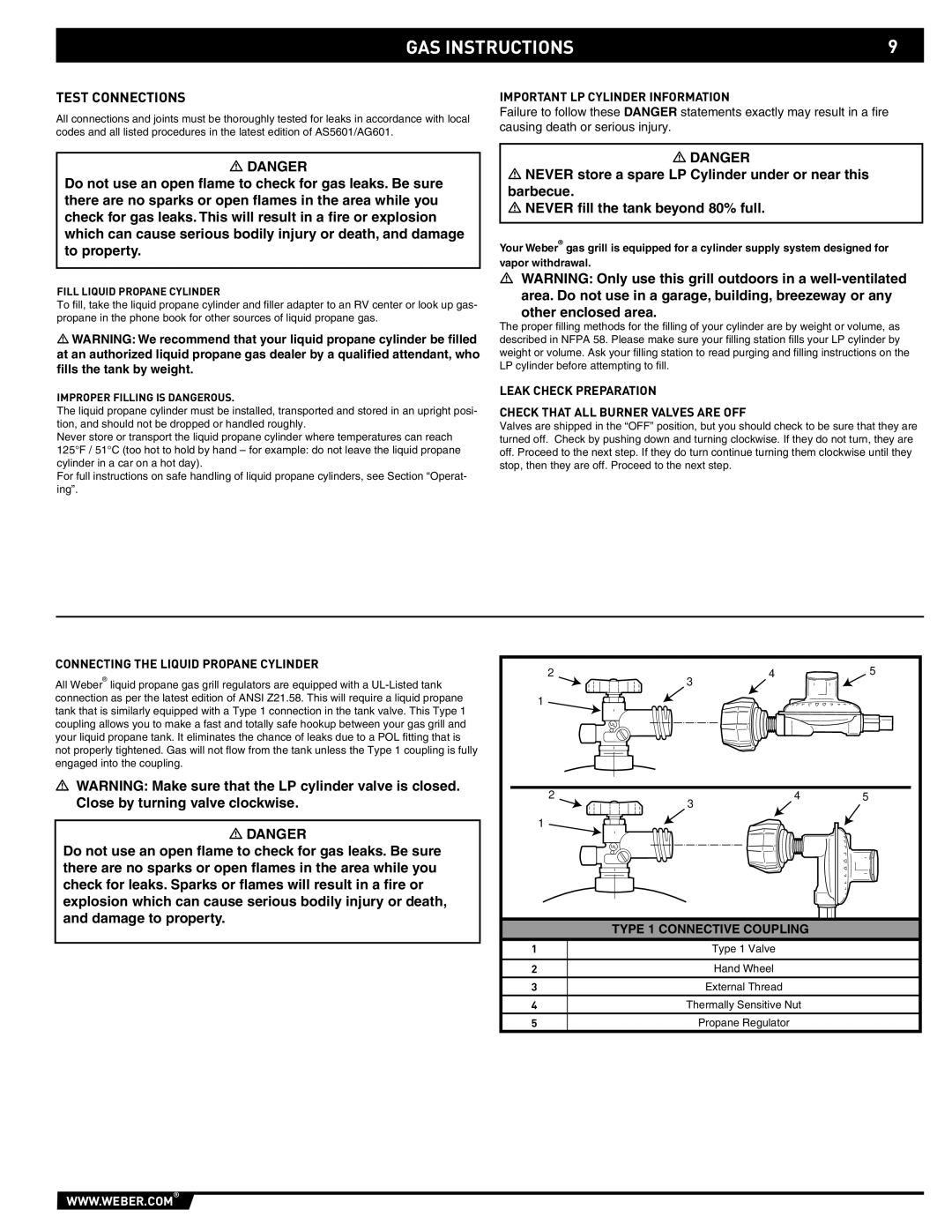 Weber 89796 manual Test Connections, Important LP Cylinder Information, Connecting the Liquid Propane Cylinder 