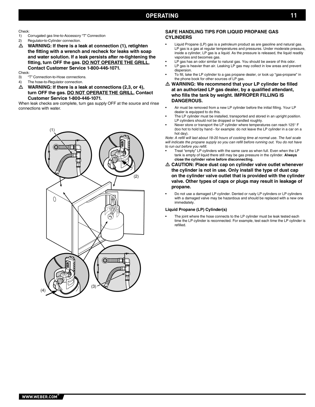 Weber 89796 manual OPERATING11, Safe Handling Tips for Liquid Propane GAS Cylinders 