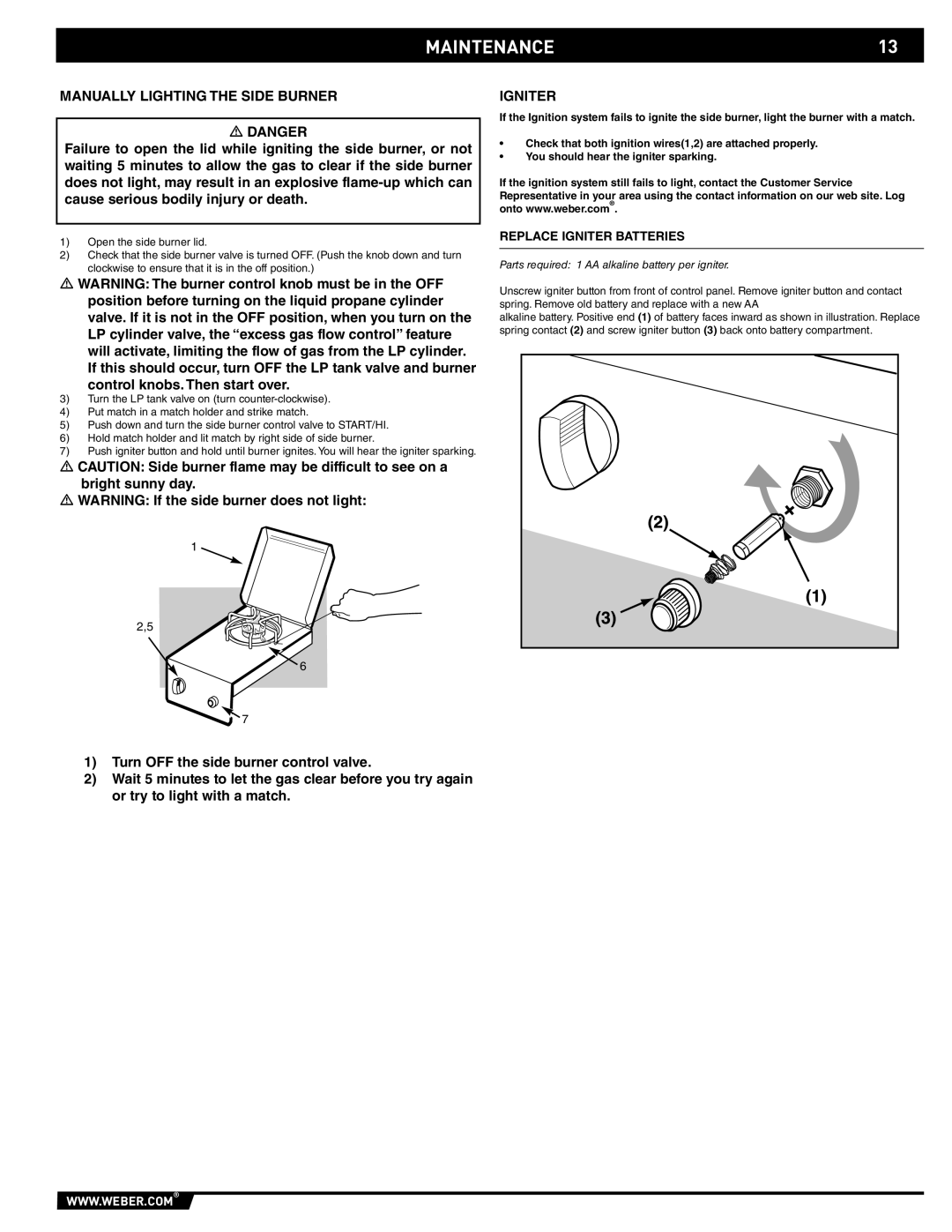 Weber 89796 manual MAINTENANCE13, Manually Lighting the Side Burner, Replace Igniter Batteries 