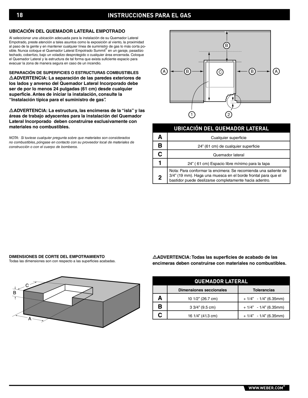 Weber 89796 Instrucciones Para EL GAS, Ubicación DEL Quemador Lateral Empotrado, Dimensiones DE Corte DEL Empotramiento 