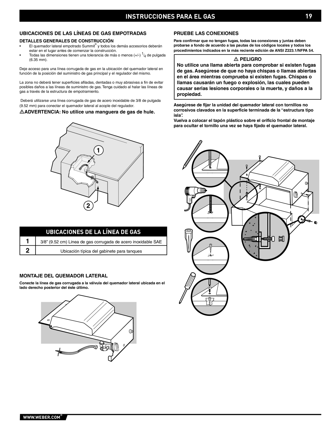 Weber 89796 manual Ubicaciones DE LAS Líneas DE GAS Empotradas, Pruebe LAS Conexiones, Montaje DEL Quemador Lateral 