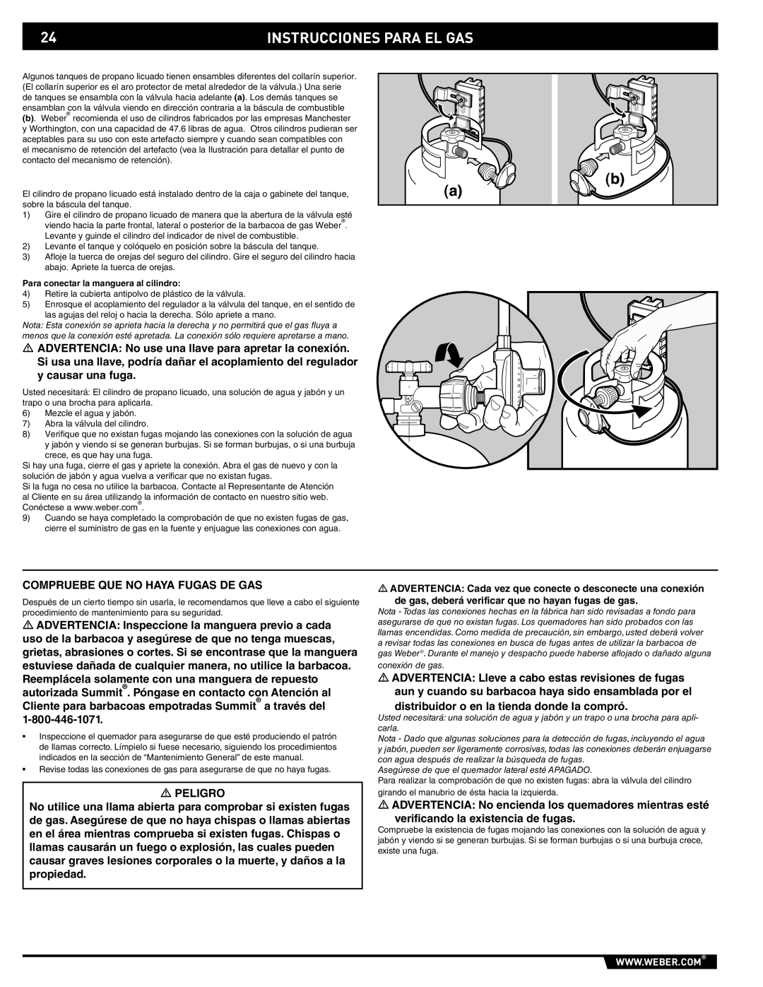 Weber 89796 manual Compruebe QUE no Haya Fugas DE GAS, Para conectar la manguera al cilindro 