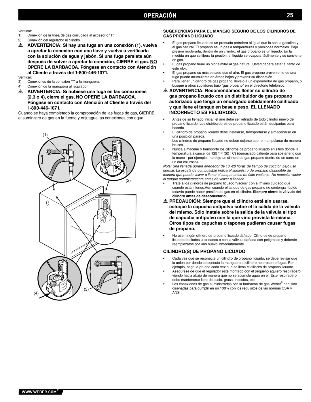 Weber 89796 manual OPERACIÓN25, Cilindros DE Propano Licuado 