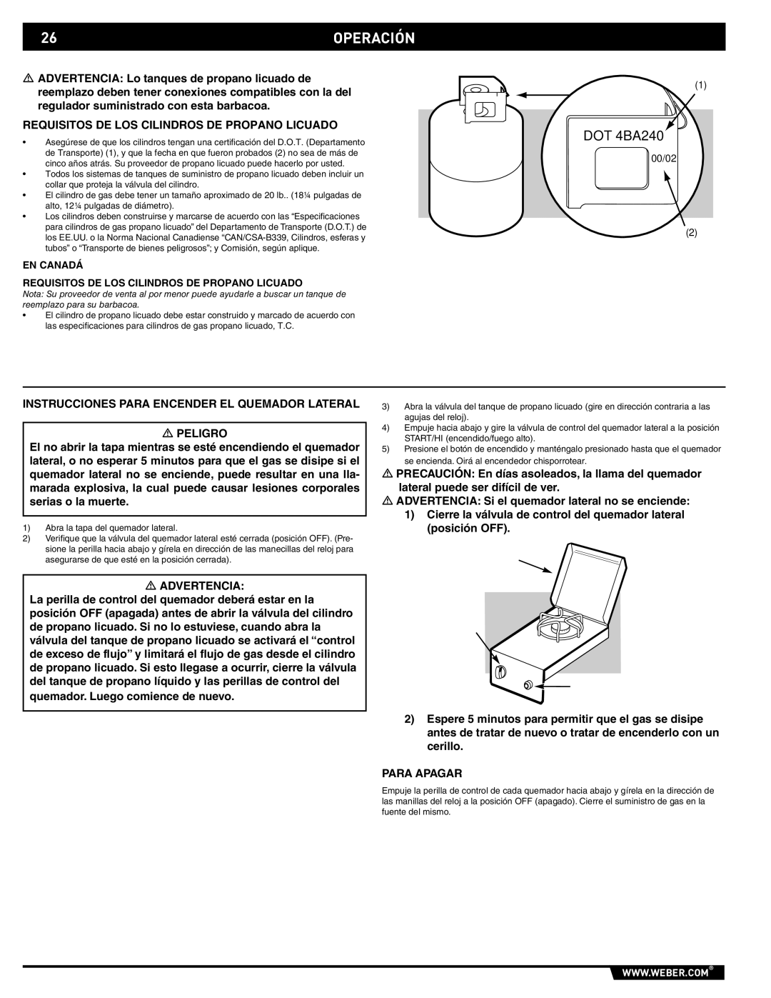 Weber 89796 manual 26OPERACIÓN, Requisitos DE LOS Cilindros DE Propano Licuado, Advertencia, Para Apagar 