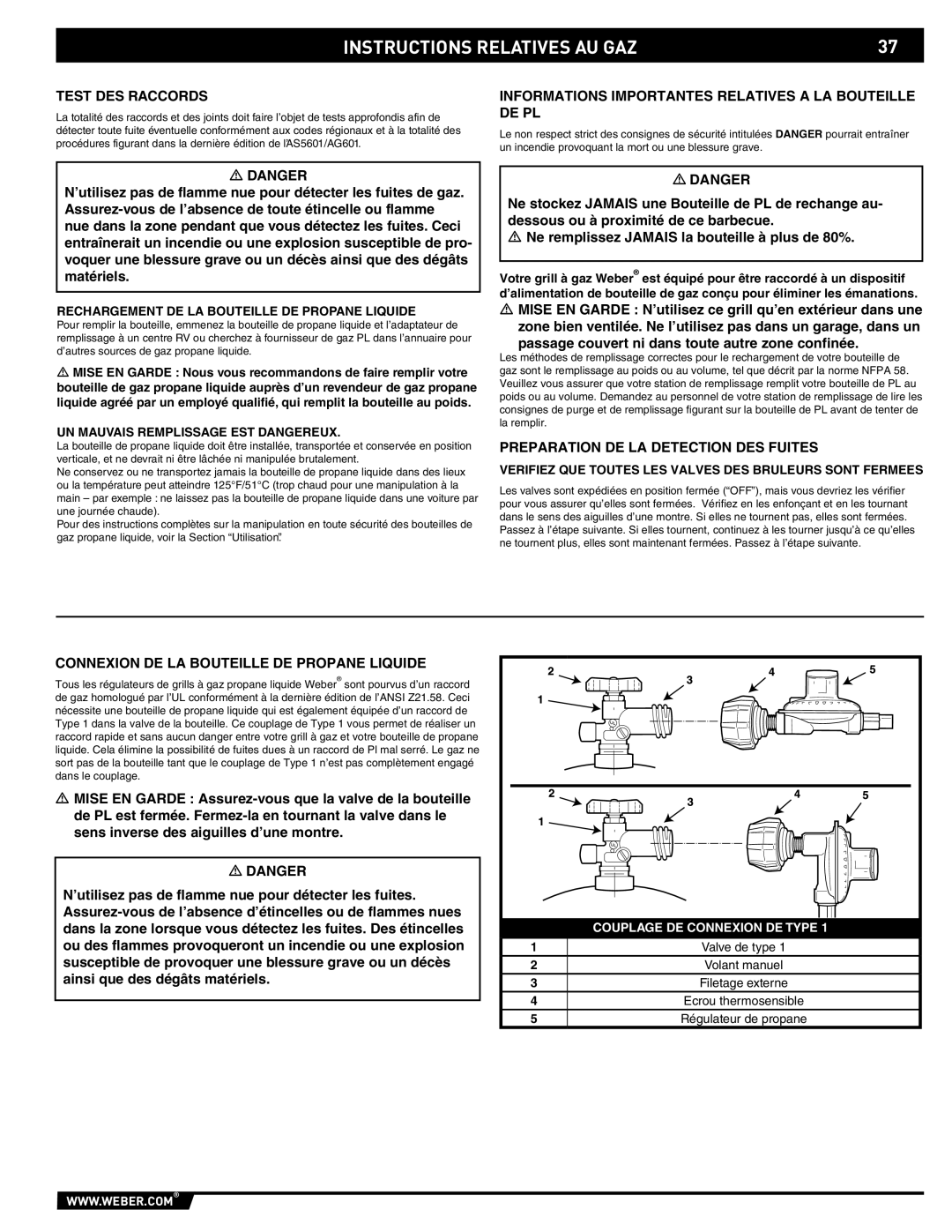 Weber 89796 manual Informations Importantes Relatives a LA Bouteille DE PL, Preparation DE LA Detection DES Fuites 