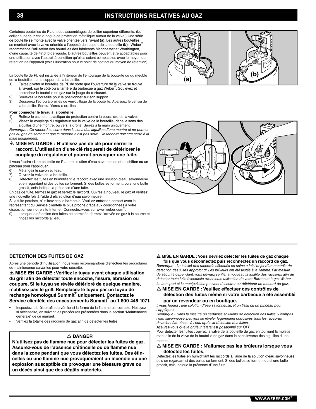 Weber 89796 manual Detection DES Fuites DE GAZ, Pour connecter le tuyau à la bouteille 