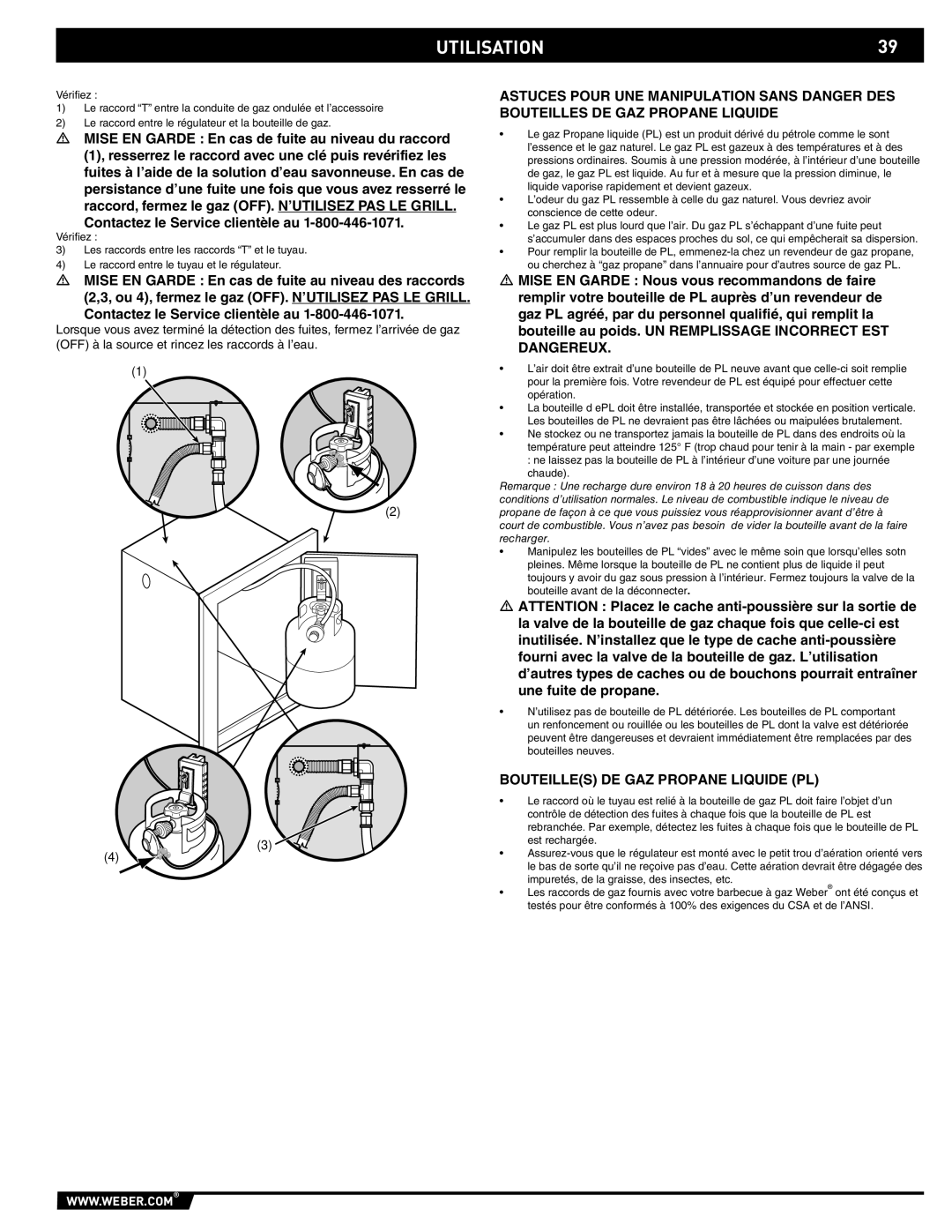 Weber 89796 manual UTILISATION39, Bouteilles DE GAZ Propane Liquide PL 