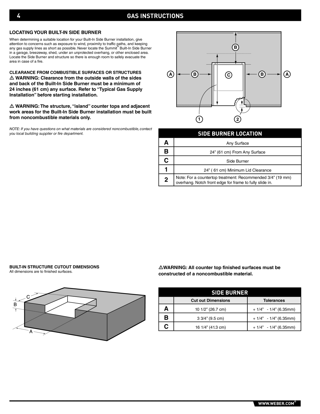 Weber 89796 manual GAS Instructions, Locating Your BUILT-IN Side Burner, Clearance from Combustible Surfaces or Structures 