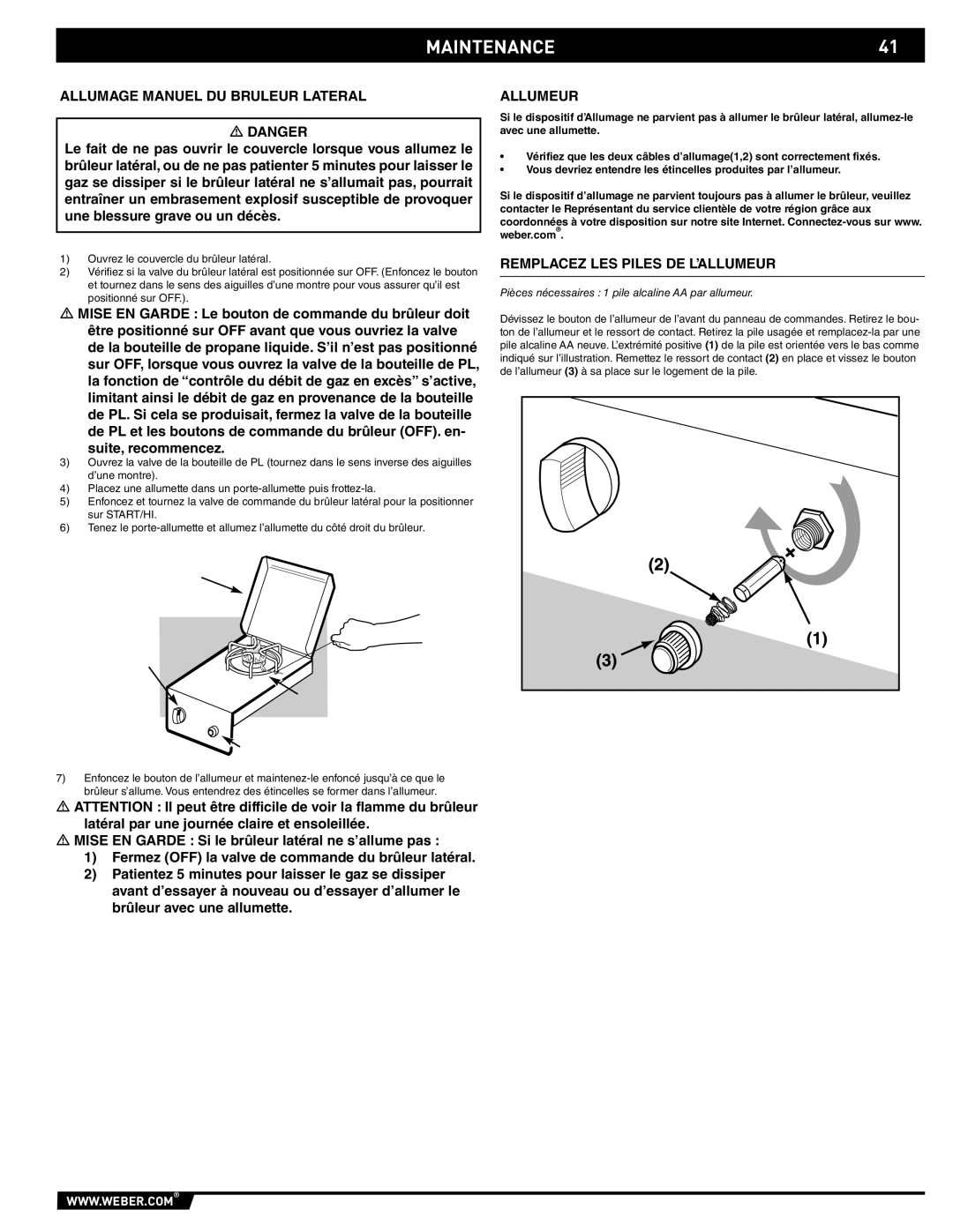 Weber 89796 manual MAINTENANCE41, Allumage Manuel DU Bruleur Lateral, Allumeur, Remplacez LES Piles DE L’ALLUMEUR 