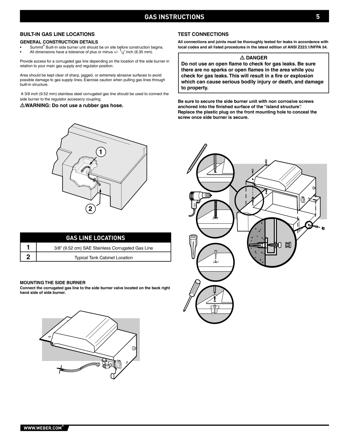 Weber 89796 manual BUILT-IN GAS Line Locations Test Connections, General Construction Details, Mounting the Side Burner 