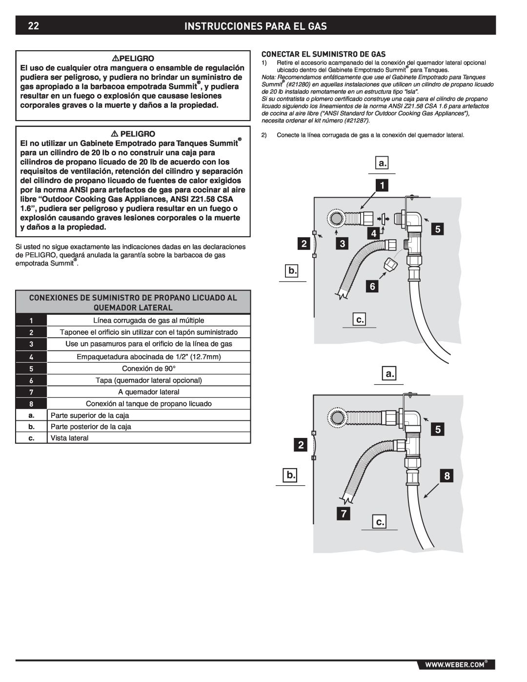 Weber 89796 manual Instrucciones Para El Gas, Conexiones De Suministro De Propano Licuado Al, Quemador Lateral 