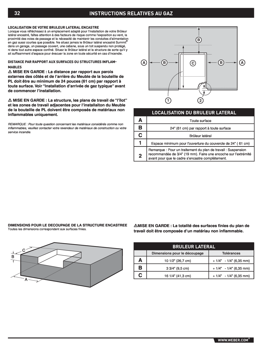 Weber 89796 manual Instructions Relatives Au Gaz, Localisation Du Bruleur Lateral 
