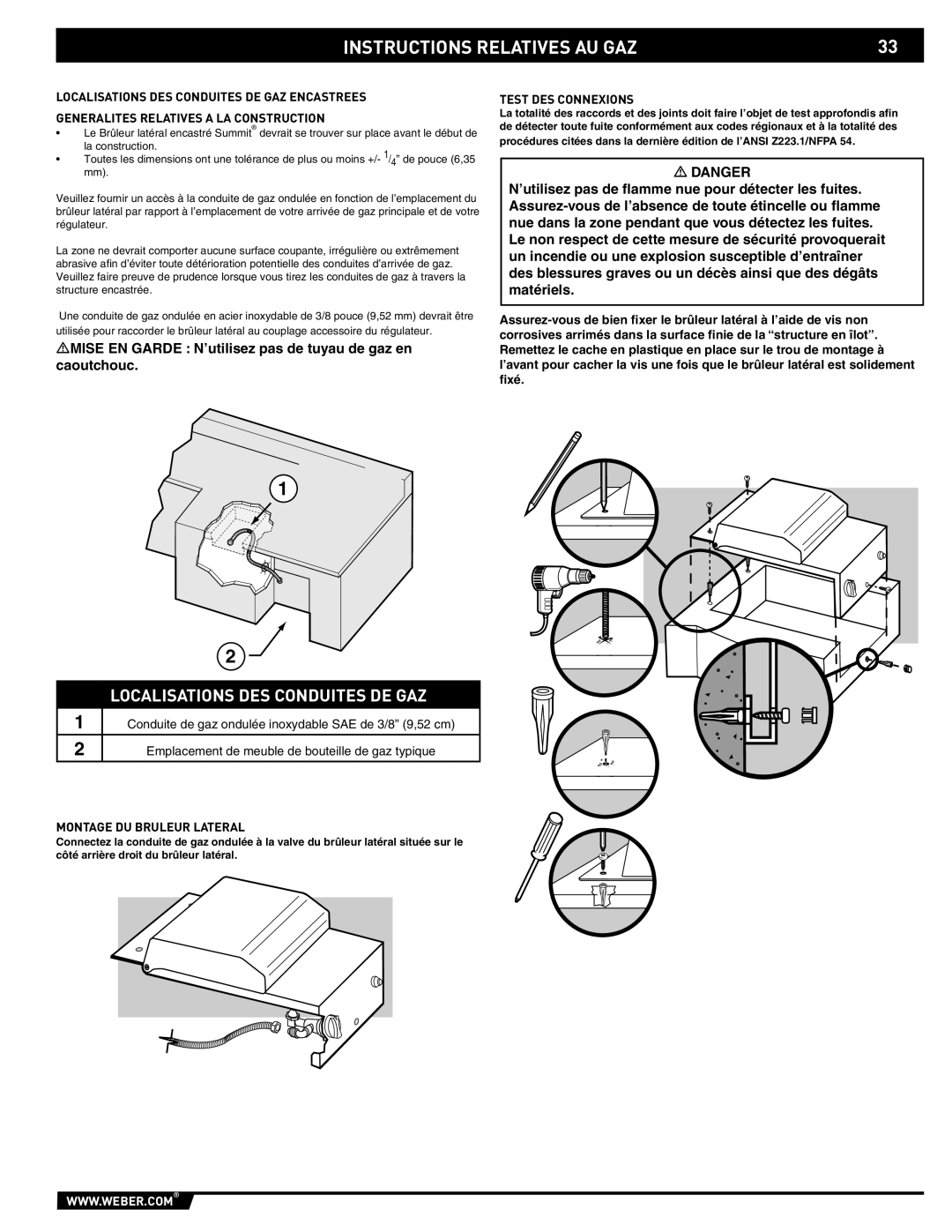 Weber 89796 manual Instructions Relatives Au Gaz, Localisations Des Conduites De Gaz 