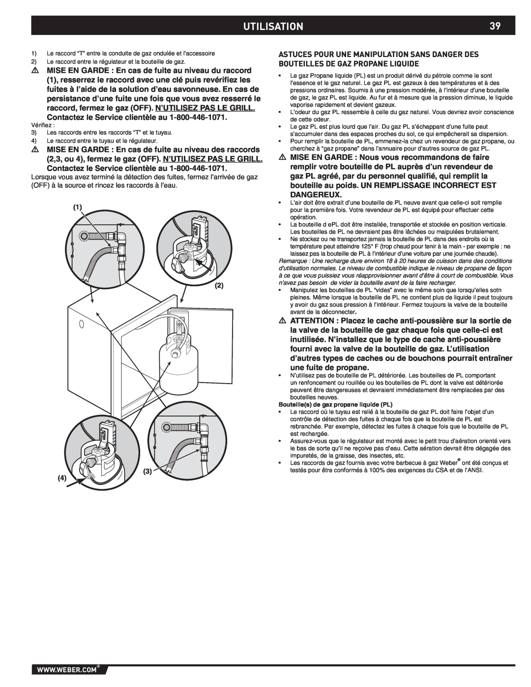 Weber 89796 manual UTILISATION39, Bouteilles de gaz propane liquide PL 