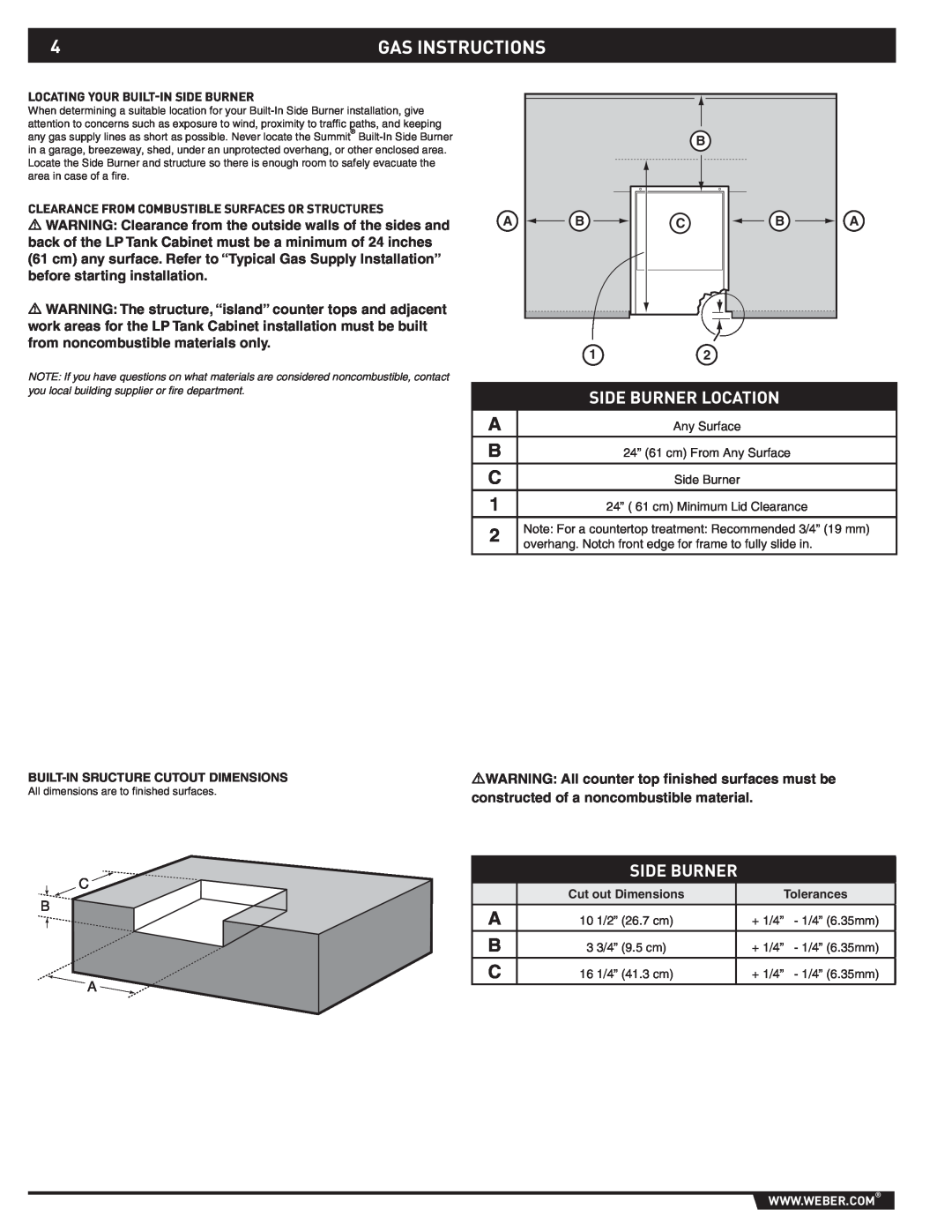 Weber 89796 manual Gas Instructions, Side Burner Location 