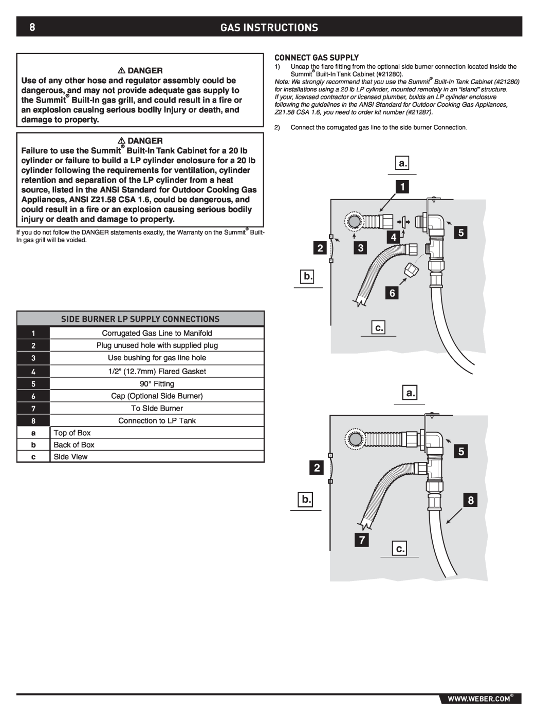 Weber 89796 manual Gas Instructions, Side Burner Lp Supply Connections 