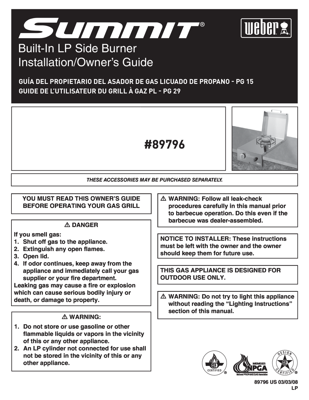 Weber manual #89796, Built-InLP Side Burner Installation/Owner’s Guide 