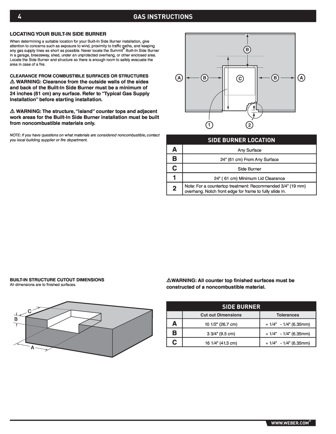 Weber 89796 manual Gas Instructions, A B C, Side Burner Location 