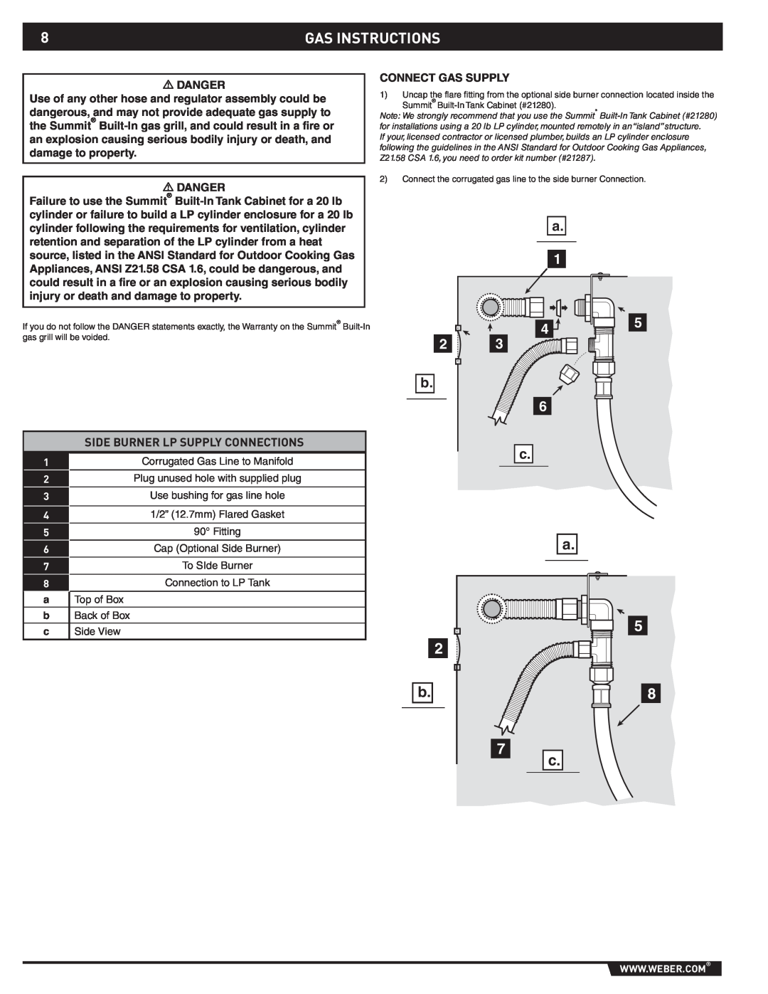 Weber 89796 manual Gas Instructions, Side Burner Lp Supply Connections 