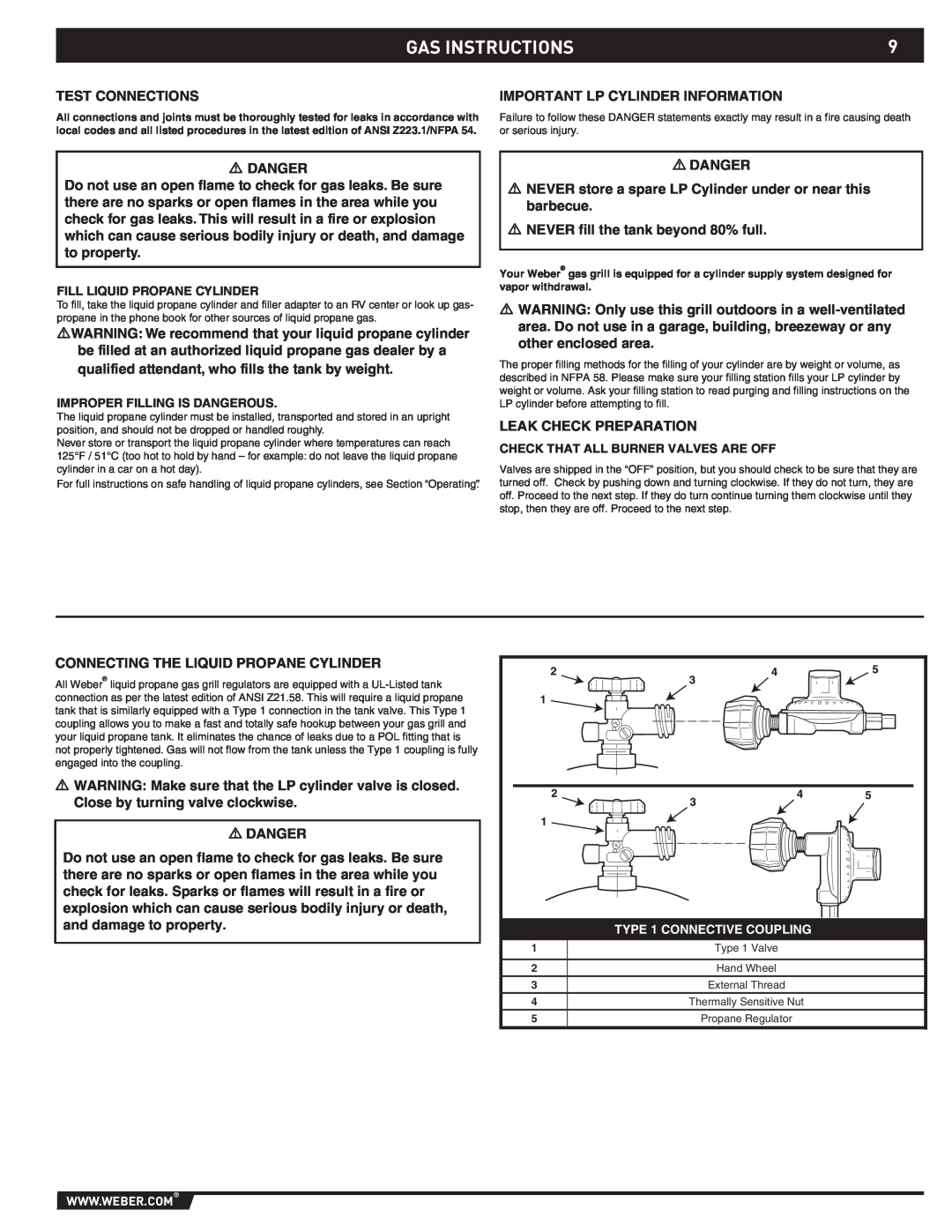 Weber 89796 manual Gas Instructions 