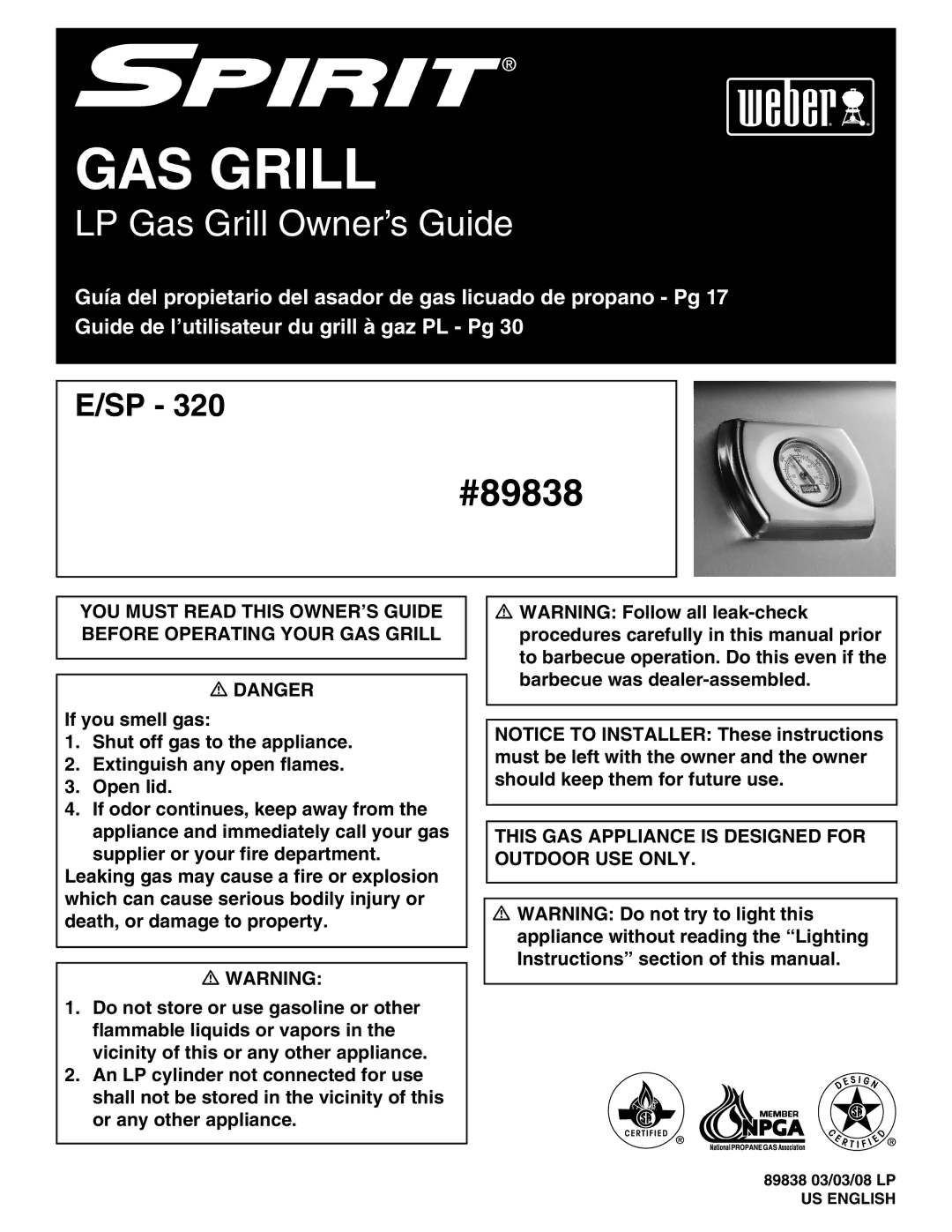 Weber 89838 manual GAS Grill 