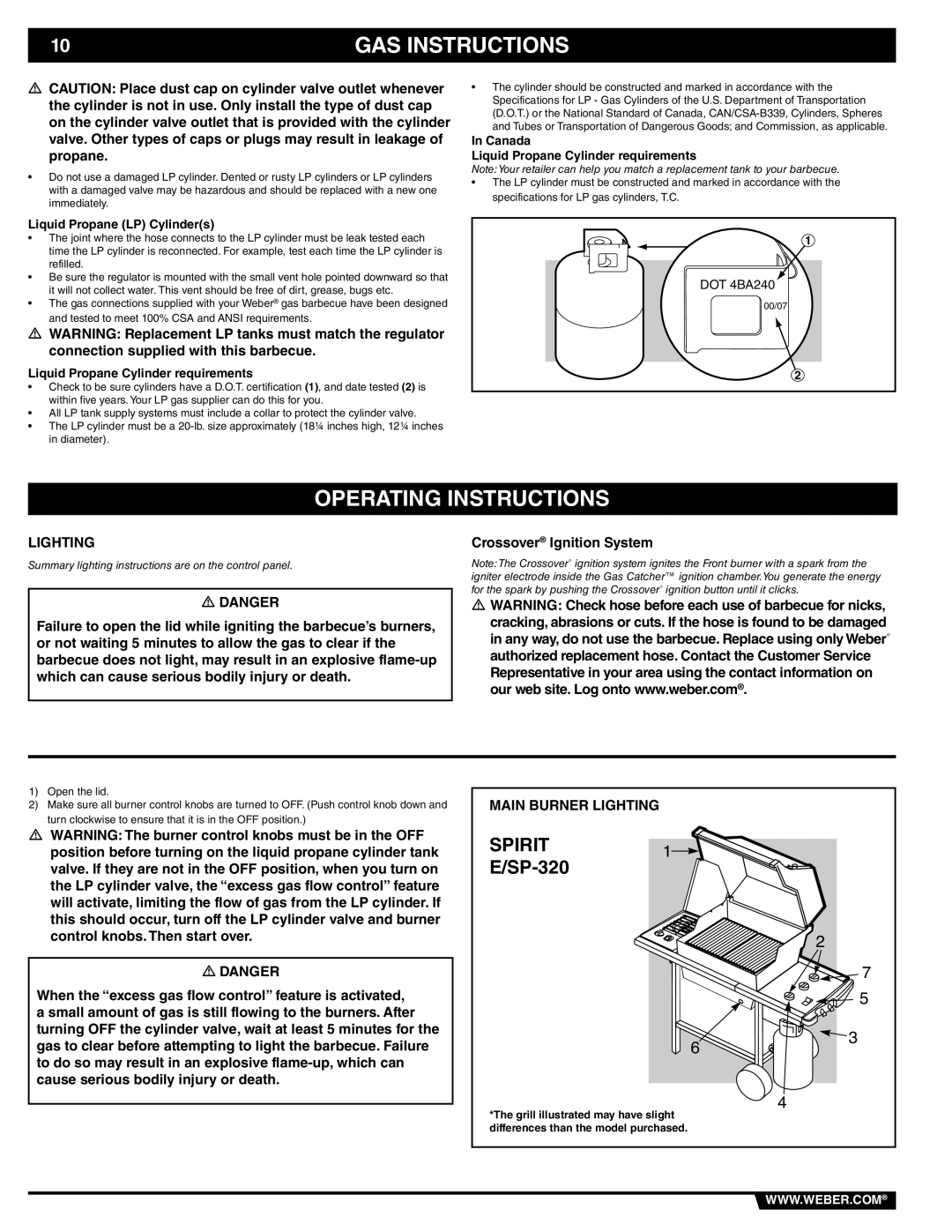 Weber 89838 manual Operating Instructions, Main Burner Lighting, Canada Liquid Propane Cylinder requirements 