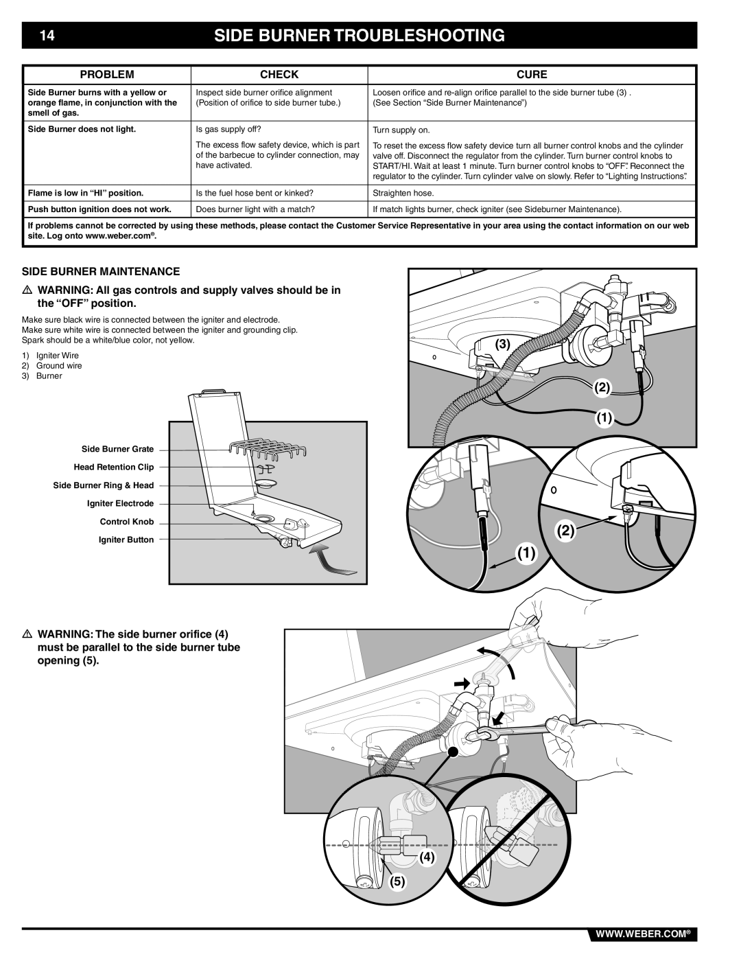 Weber 89838 manual Side Burner Troubleshooting, Side Burner Maintenance 