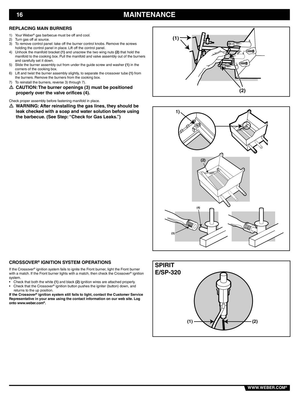 Weber 89838 manual Replacing Main Burners, Crossover Ignition System Operations 