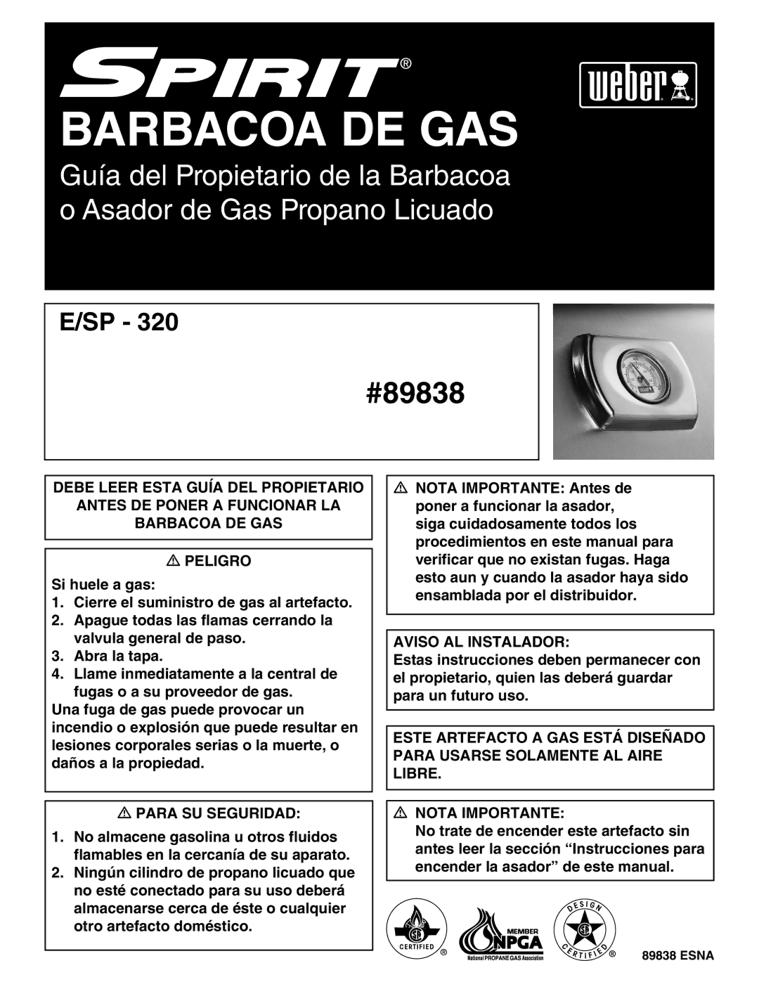 Weber 89838 manual Barbacoa DE GAS 