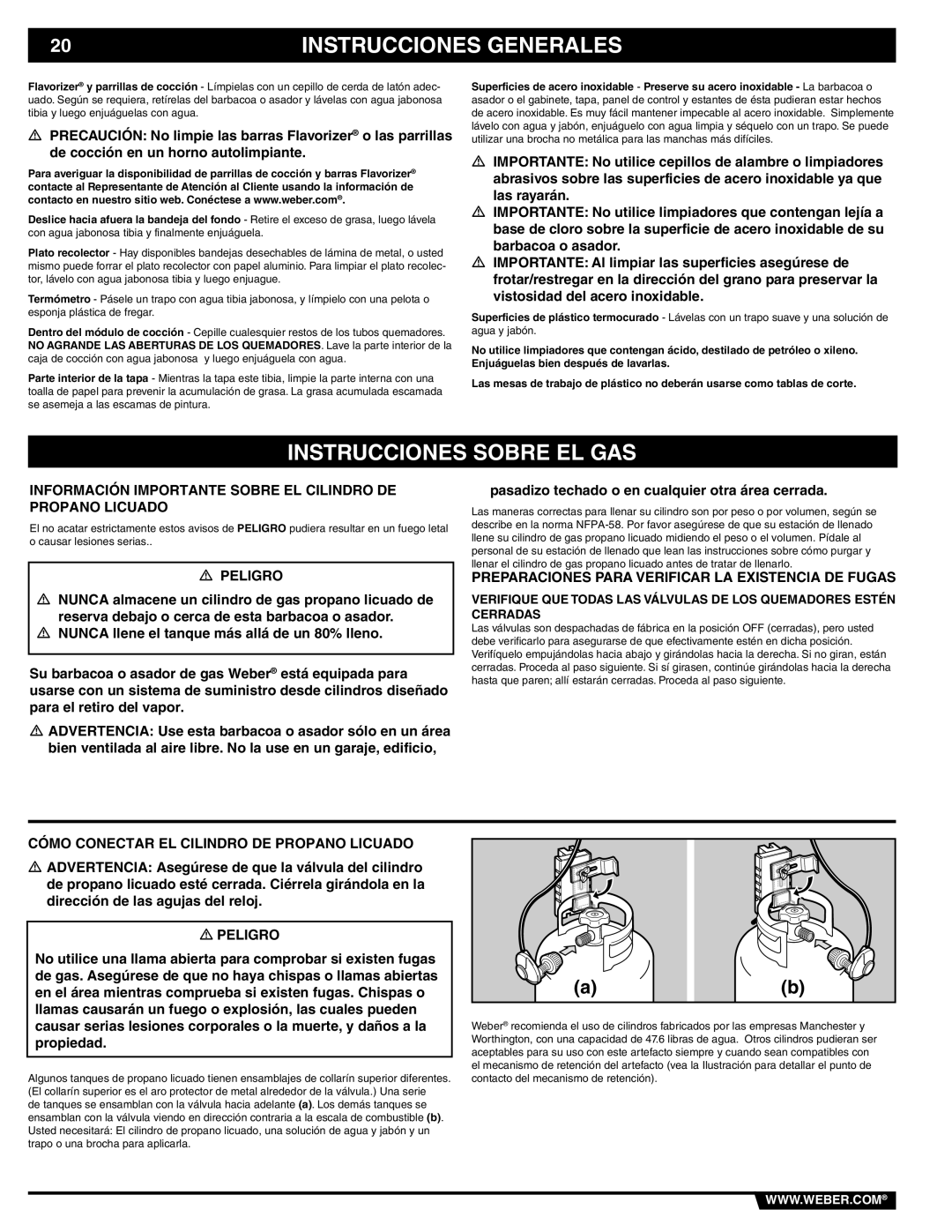 Weber 89838 manual Instrucciones Sobre EL GAS, Información Importante Sobre EL Cilindro DE Propano Licuado 