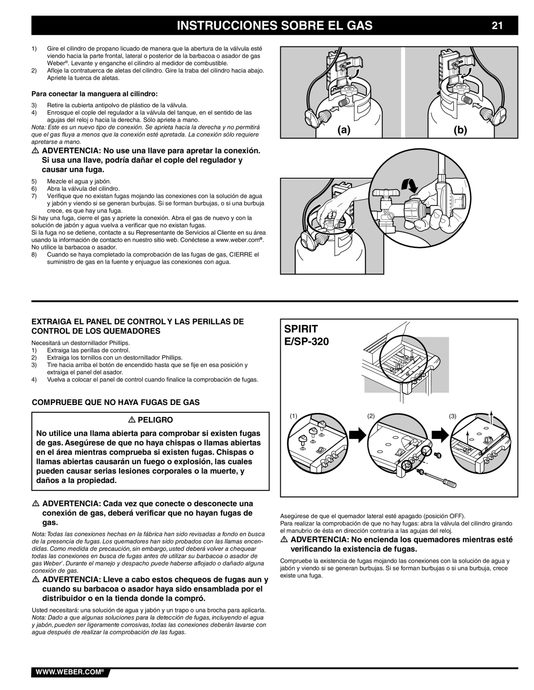 Weber 89838 manual Compruebe QUE no Haya Fugas DE GAS Peligro, Para conectar la manguera al cilindro 