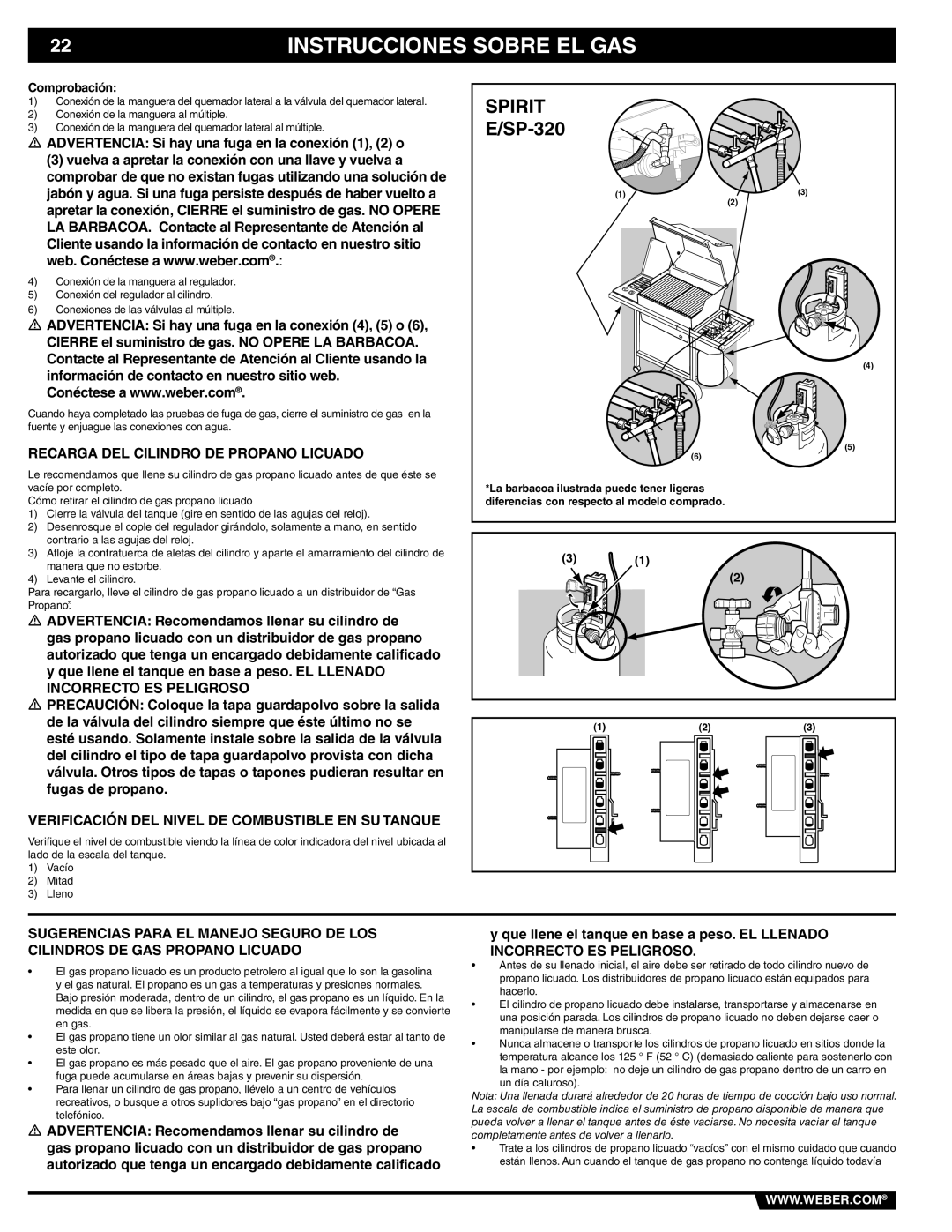 Weber 89838 Recarga DEL Cilindro DE Propano Licuado, Verificación DEL Nivel DE Combustible EN SU Tanque, Comprobación 