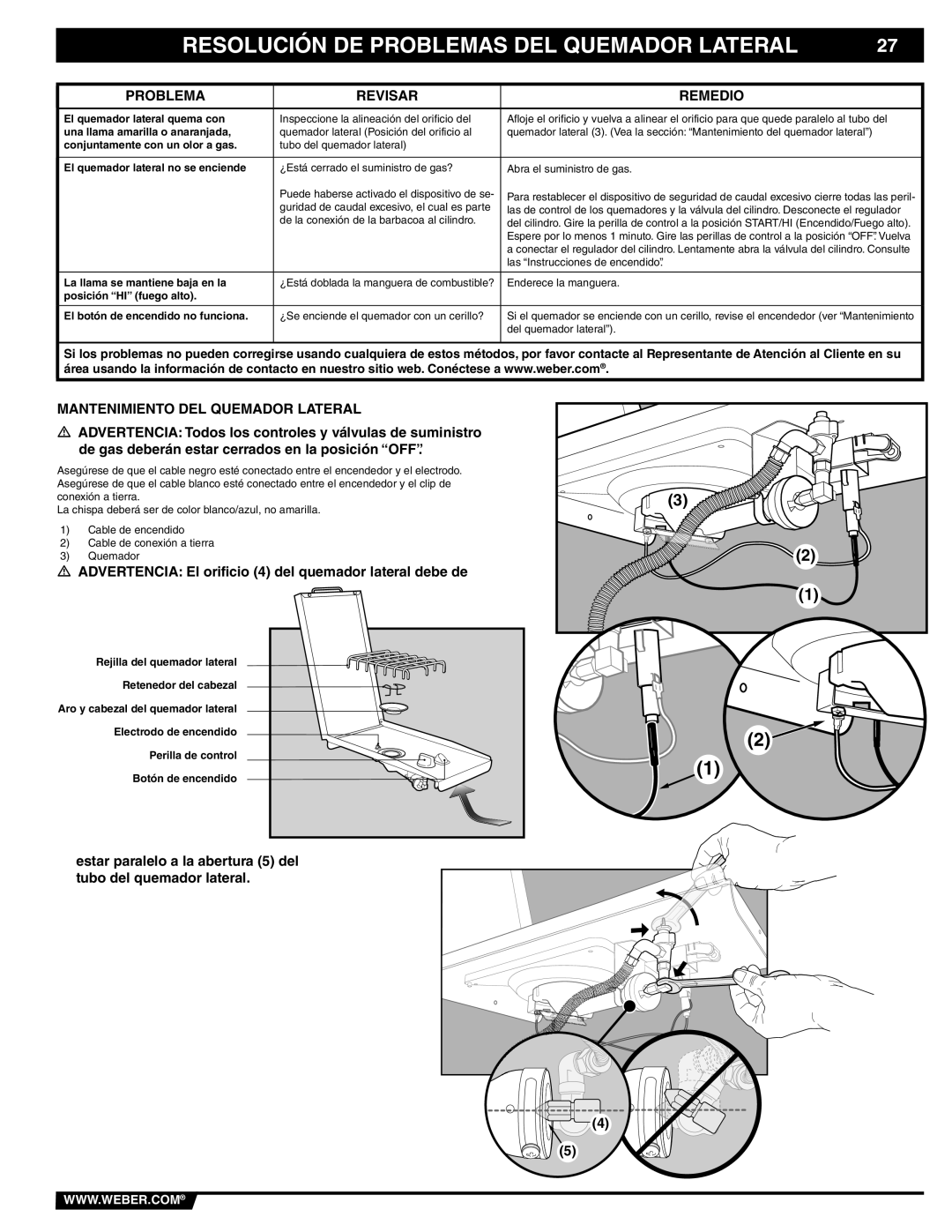 Weber 89838 manual Resolución DE Problemas DEL Quemador Lateral, Mantenimiento DEL Quemador Lateral 