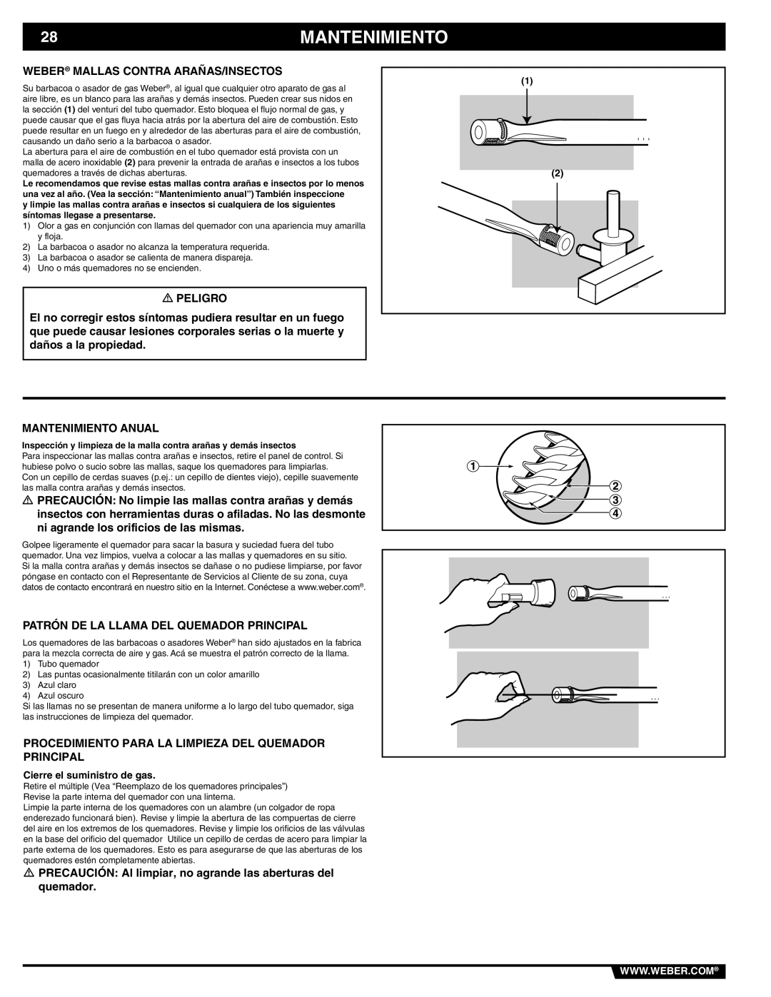 Weber 89838 manual Weber Mallas Contra ARAÑAS/INSECTOS, Mantenimiento Anual, Patrón DE LA Llama DEL Quemador Principal 