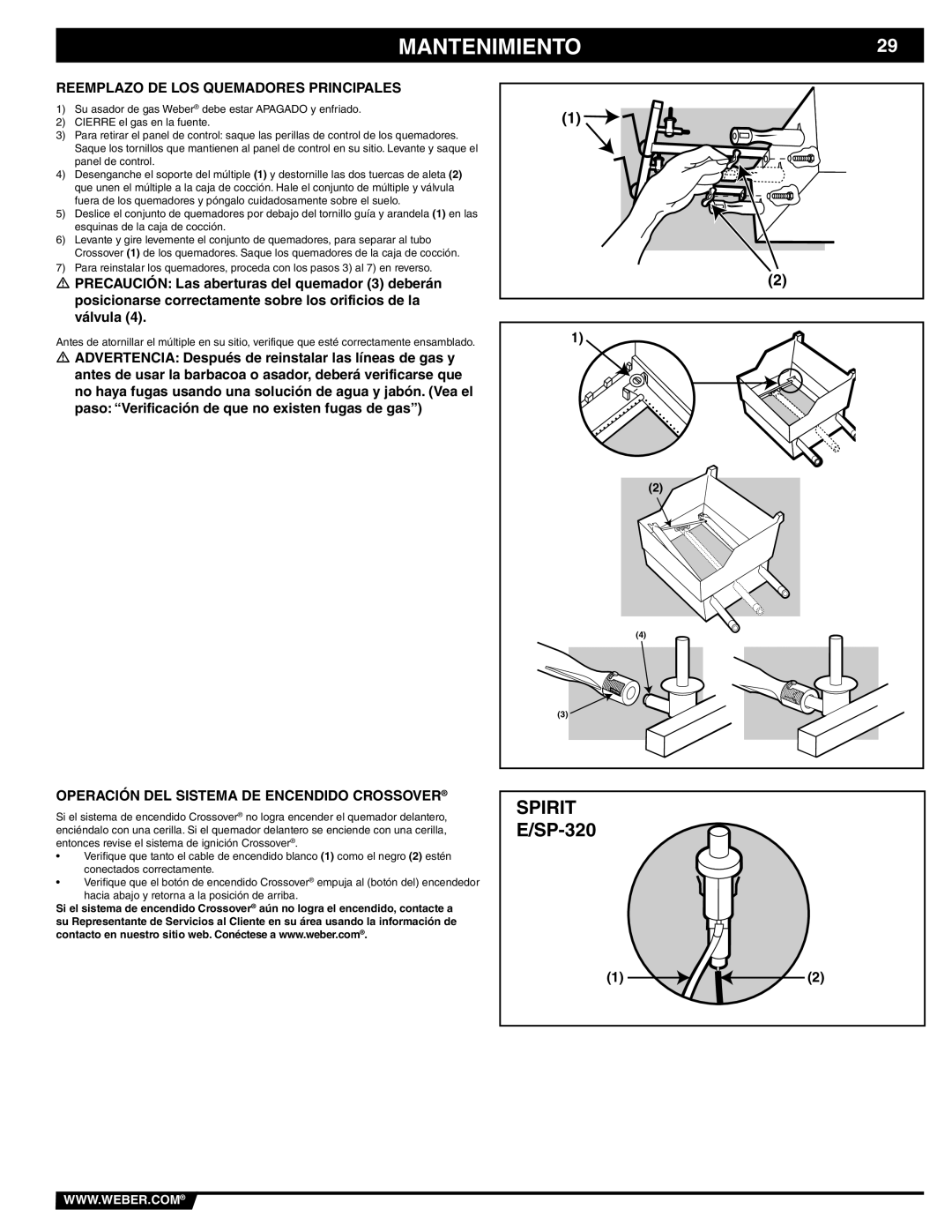 Weber 89838 manual Reemplazo DE LOS Quemadores Principales, Operación DEL Sistema DE Encendido Crossover 