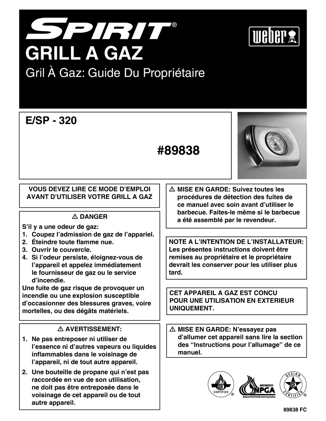 Weber 89838 manual Grill a GAZ 