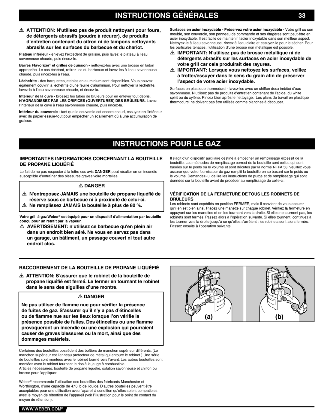 Weber 89838 manual Instructions Pour LE GAZ, Raccordement DE LA Bouteille DE Propane Liquéfié 